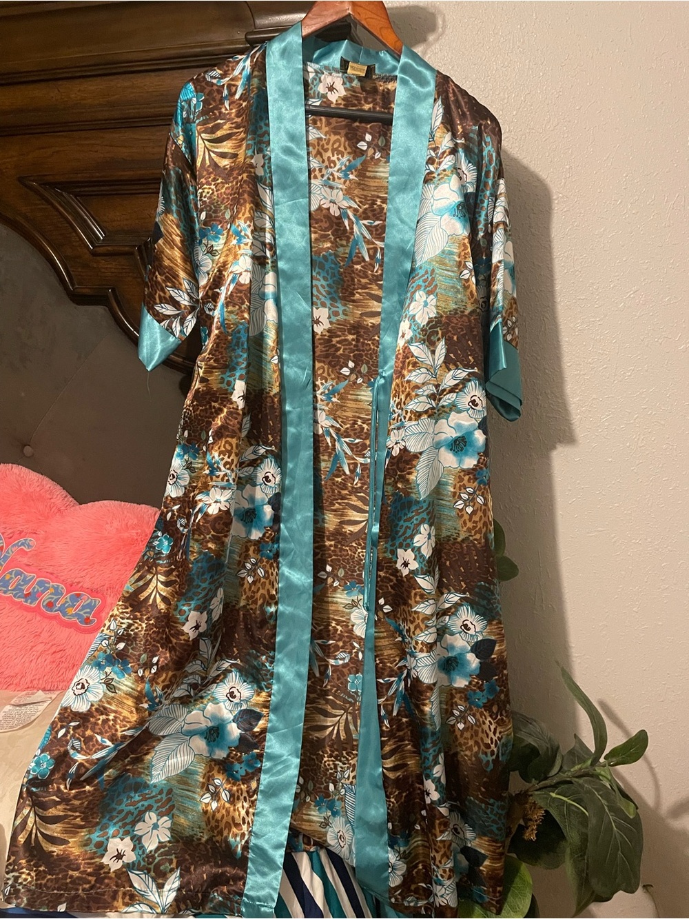 Midnight Velvet Satin Kimono Robe in Turquoise and Brown Floral